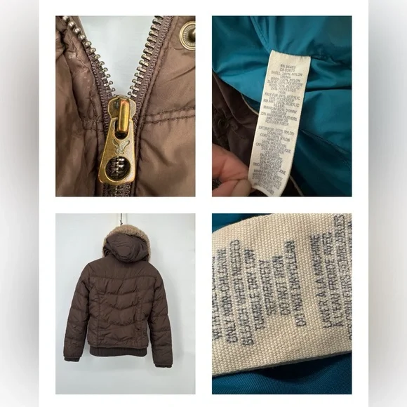 Y2K Brown Fur Trim Puffer Jacket American Eagle  faux fur logo Fairycore Girly M - Picture 3 of 16